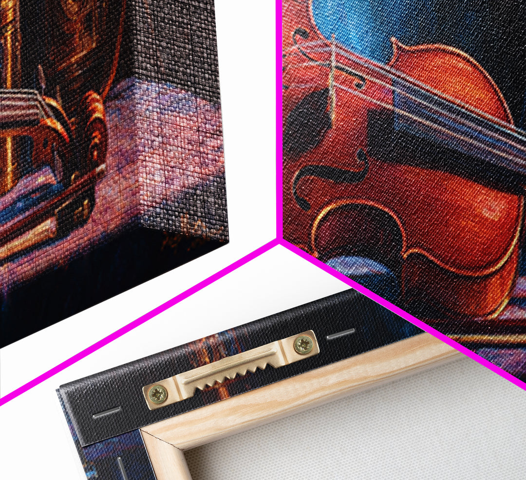 Violin and Bow Framed Canvas Print, Music Studio Art, Textured Painting, Studio Decor, Fine Art, Rhythm, Custom Painting, MSA-3x1-56