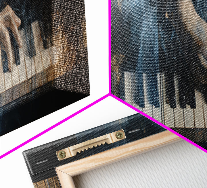 Piano Keys with Hands in Cinematic Shadow Framed Canvas Print, Music Studio Art, Personalized Art, Studio Decor, Rhythm, MSA-3x1-69