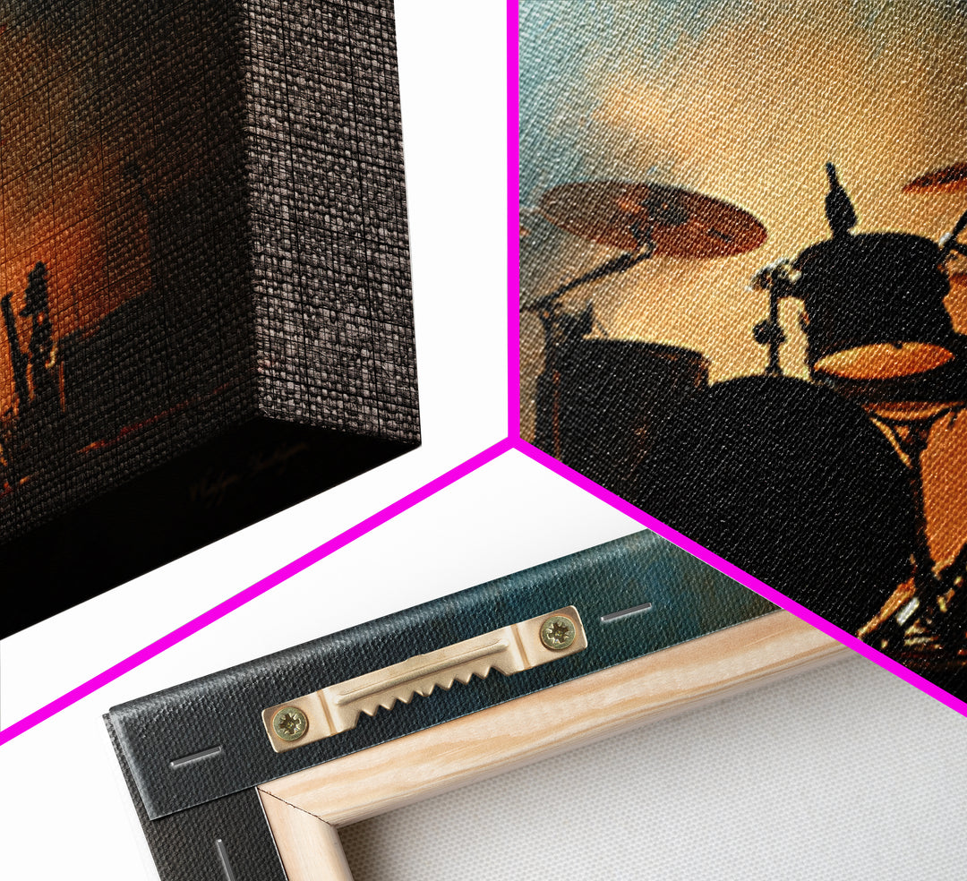 Drum Kit Silhouette Framed Canvas Print, Music Studio Art, Travel Wall Art, Studio Decor, Oil Painting, Rhythm, Boho Decor, MSA-3x2-82