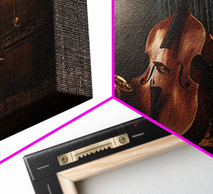 Cello Leaning Against Dark Velvet Backdrop Framed Canvas Print, Music Studio Art, Music Gift, Studio Decor, Fine Art, Rhythm, MSA-3x2-85