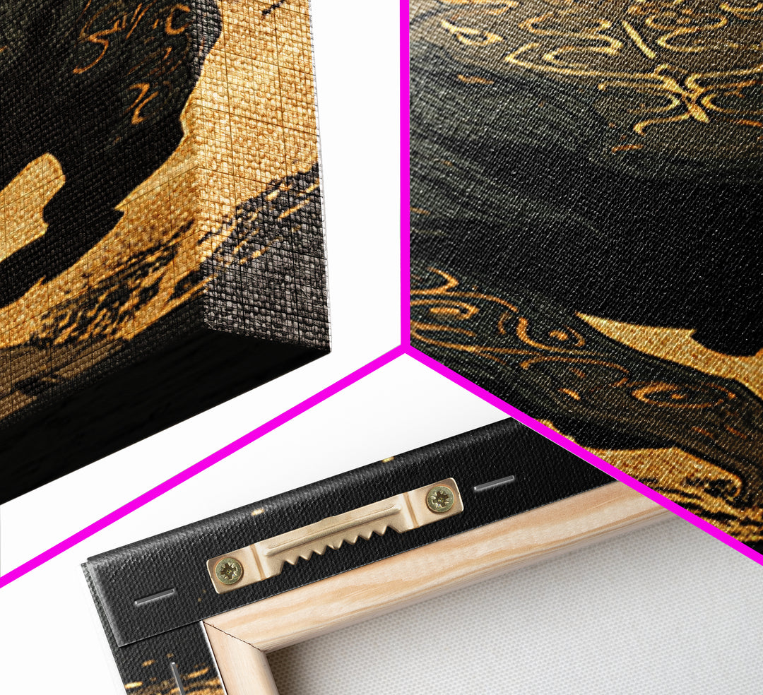 Charging Bull - Gold Canvas Wall Art - Wood Framed Canvas Art, Taurus Wall Art, Golden Runic Bull Painting Print, Canvas Art