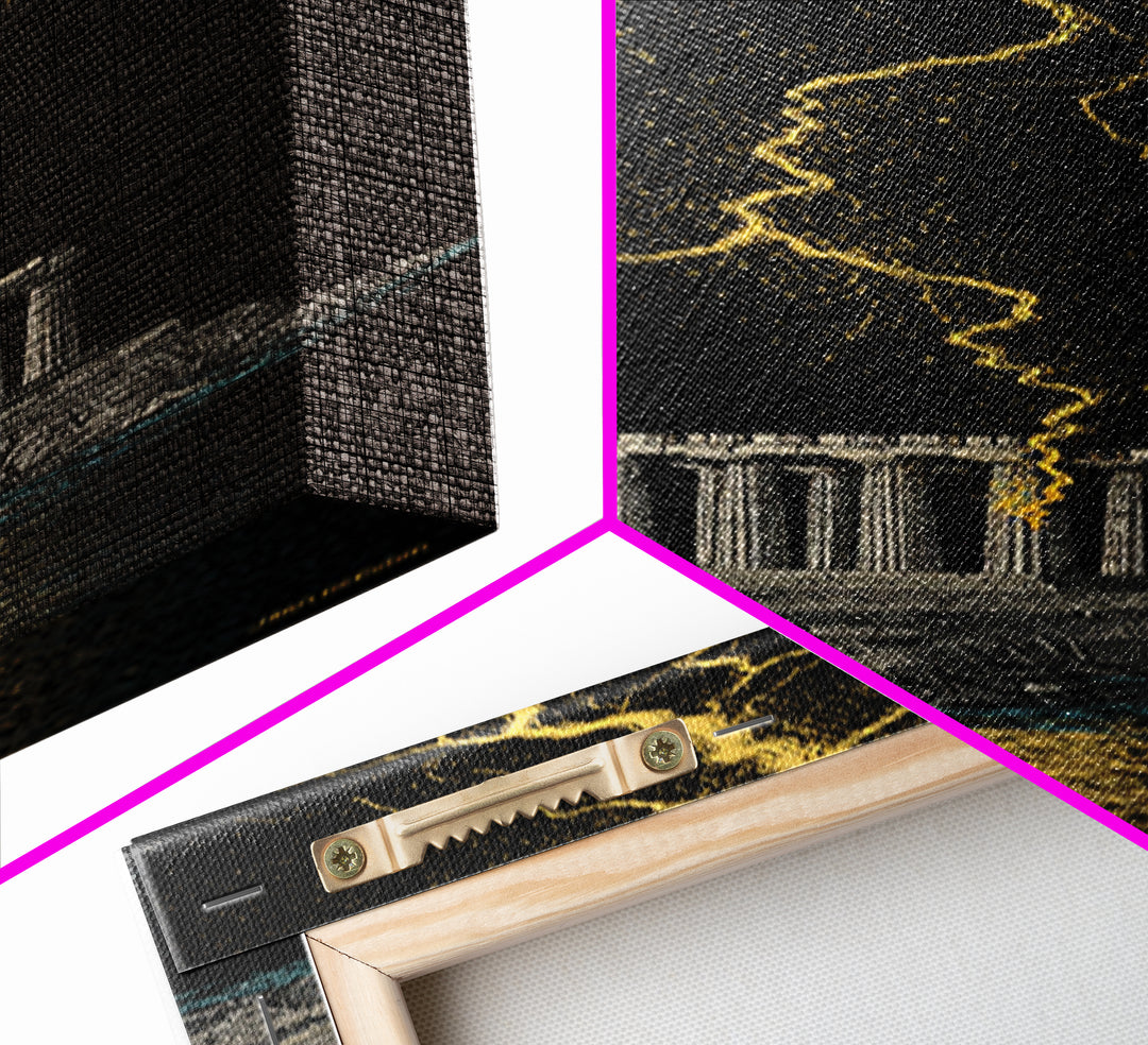 Gold Canvas Art, Zeus Lightning Temple Print, Ancient Greece Mythology Wall Decor, Real Wood Frame