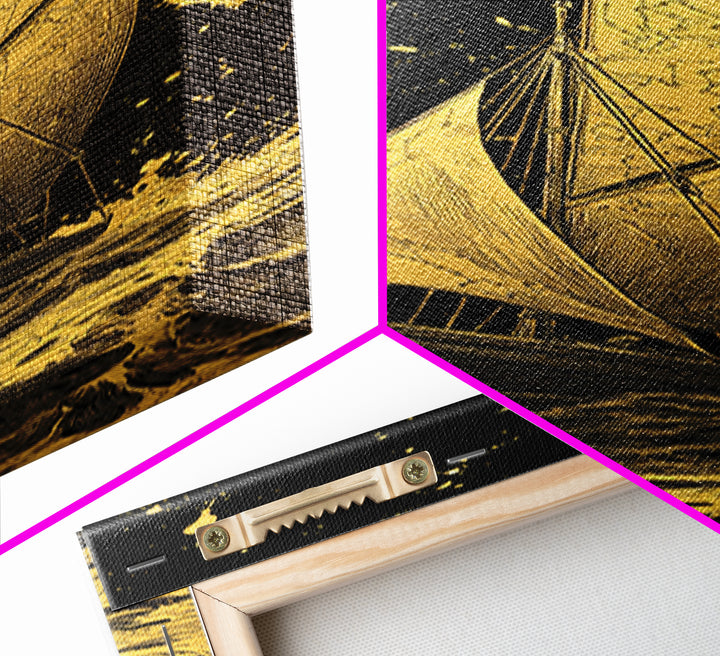 Golden Sailboat Nautical Wall Art, Gold Painting Print, Wood Framed Wall Art, Sail Boat Painting Print, Gold Painting
