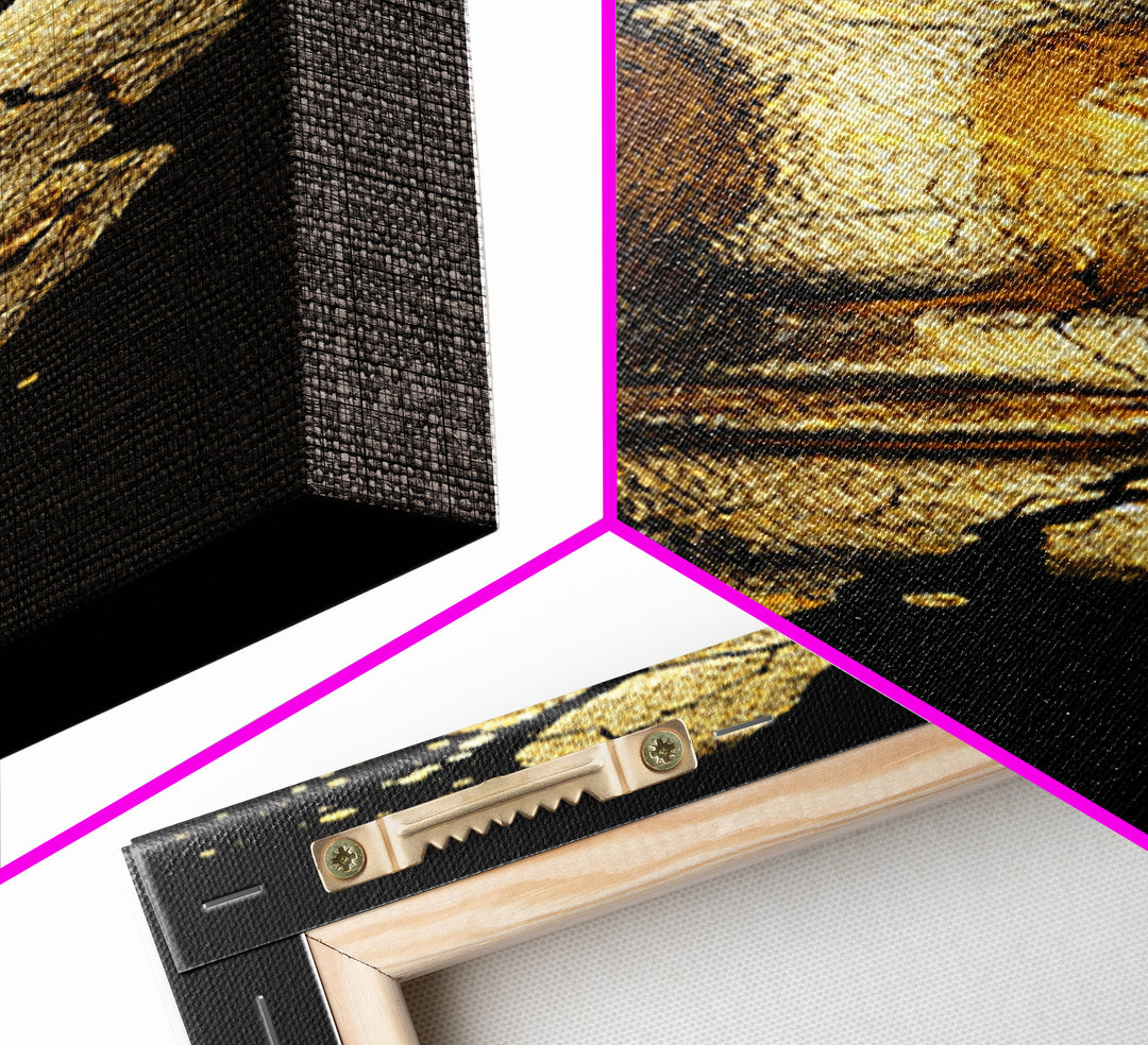 Gold Canvas Print, Cracked Golden Mask Wall Art, Mythical Face Artwork, Real Wood Frame Decor