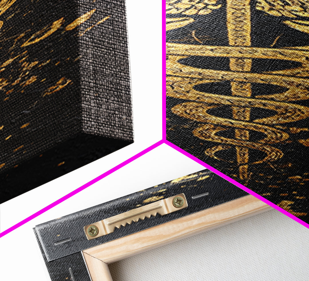 Gold Canvas Print, Caduceus Serpent Staff Wall Art, Hermes Symbol Decor, Real Wood Frame Artwork