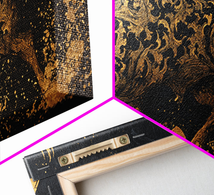 Ornate Golden Bull, Gold Canvas Print, Real Wood Frame, Decorative Animal Artwork, Powerful Bull Illustration