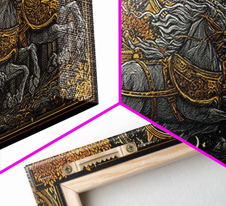 Chariot Of The Dawn, Gold Canvas Art, Real Wood Frame, Mythology Inspired Wall Decor, Horse And Rider Artwork