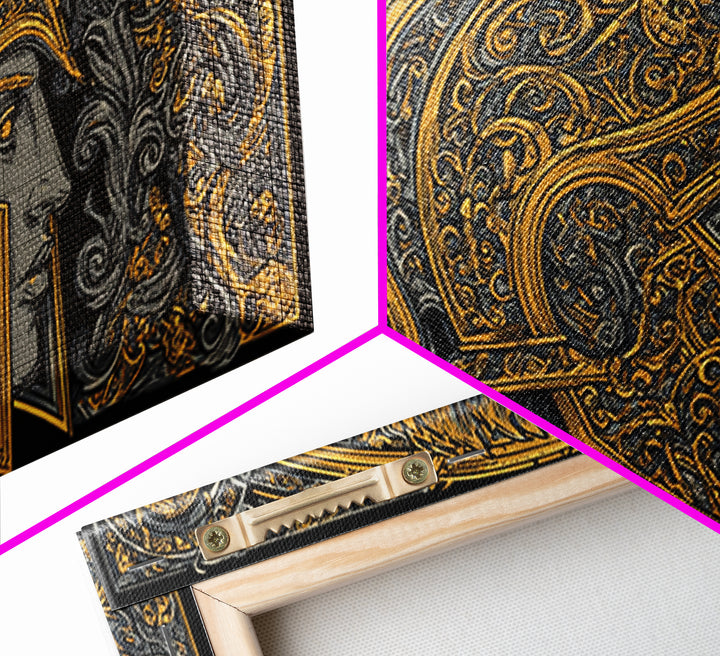 Ornate Greek Warrior Helmet, Gold Canvas Print, Real Wood Frame, Classical Armor Wall Art, Historical Decor