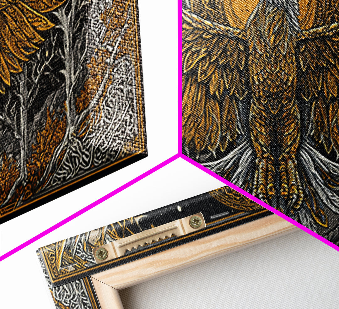 Golden Eagle Over Moonlit Forest, Gold Canvas Art, Real Wood Frame, Intricate Line Art, Majestic Bird Wall Decor