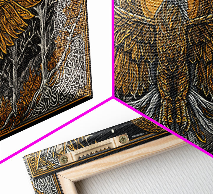 Golden Eagle Over Moonlit Forest, Gold Canvas Art, Real Wood Frame, Intricate Line Art, Majestic Bird Wall Decor