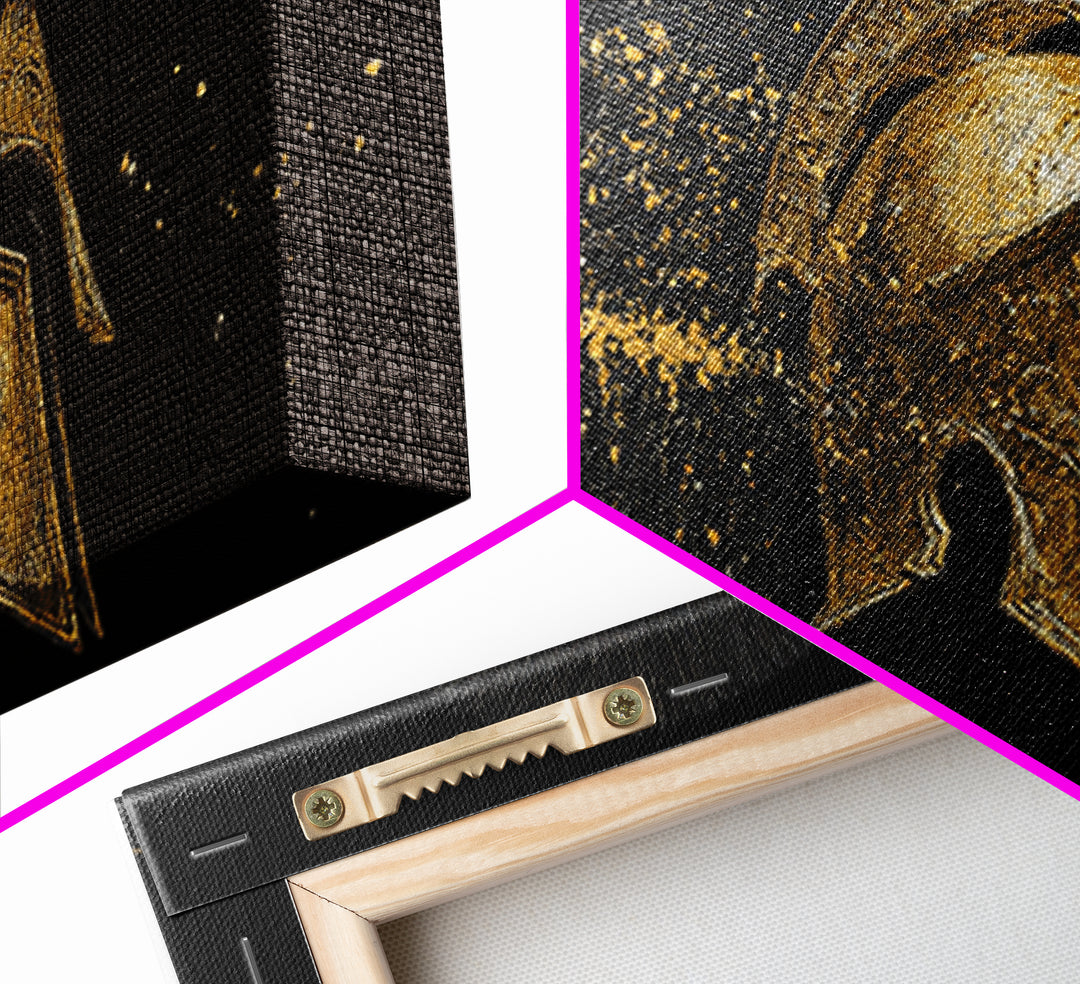 Golden Spartan Helmet, Gold Canvas Art, Real Wood Frame, Splatter Style Warrior Armor, Mythology Inspired Artwork