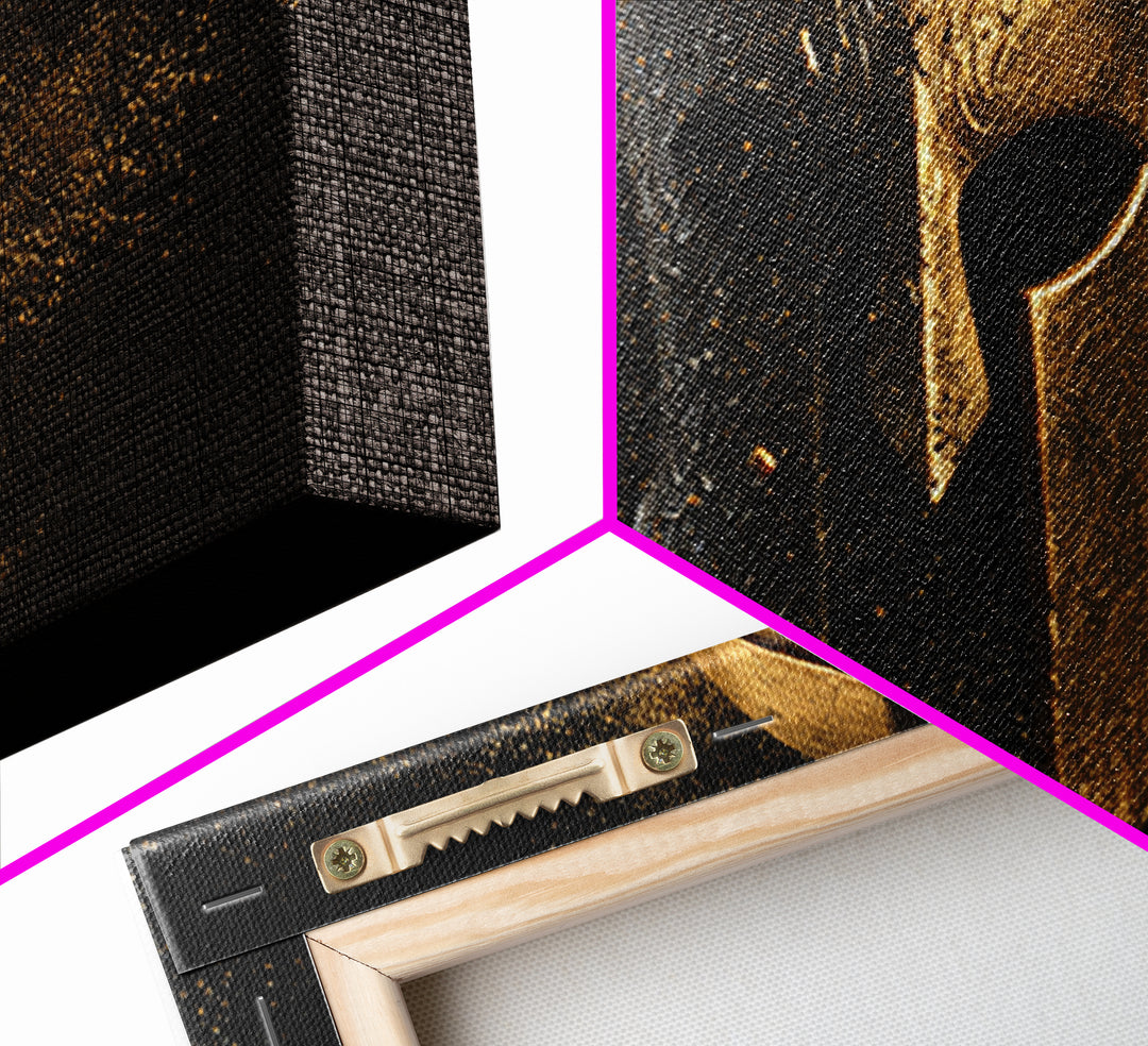 Half Gold Spartan Helmet, Gold Canvas Print, Real Wood Frame, Splatter Style Warrior Armor, Ancient Battle Artwork