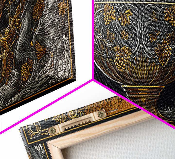 Golden Ornate Chalice, Gold Canvas Art, Real Wood Frame, Mythology Inspired Wall Decor, Classical Celebration Scene