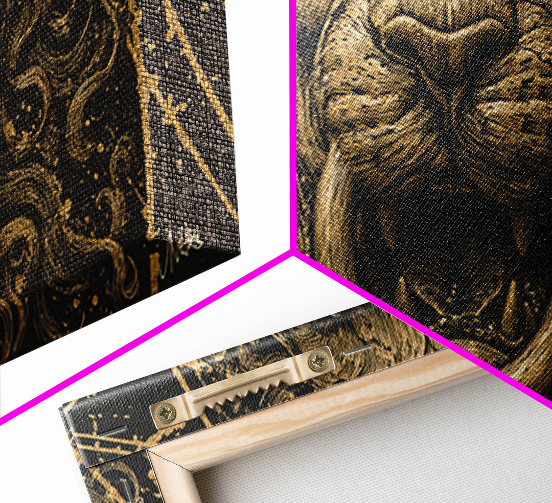 Golden Lion Door Knocker Close Up, Gold Canvas Art, Real Wood Frame, Splatter Style Animal Decor, Regal Lion Artwork