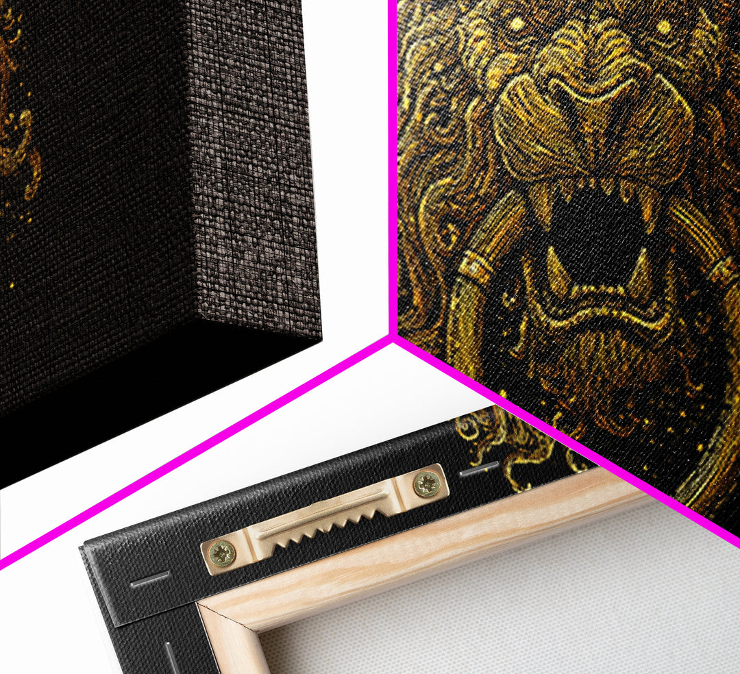 Golden Lion Door Knocker, Gold Canvas Print, Real Wood Frame, Majestic Animal Wall Art, Regal Gold Illustration