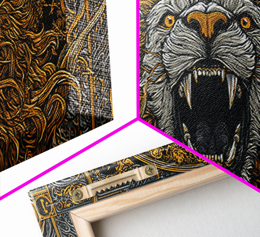Roaring Golden Lion, Gold Canvas Art, Real Wood Frame, Mythology Inspired Animal Decor, Powerful Lion Wall Artwork