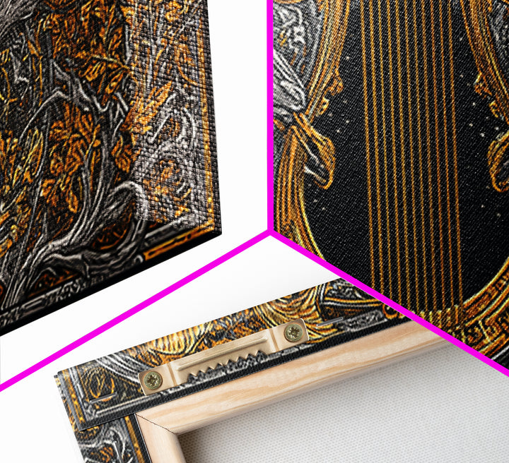 Ornate Ram Lyre, Gold Canvas Print, Real Wood Frame, Mythology Inspired Musical Art, Classical Decorative Artwork