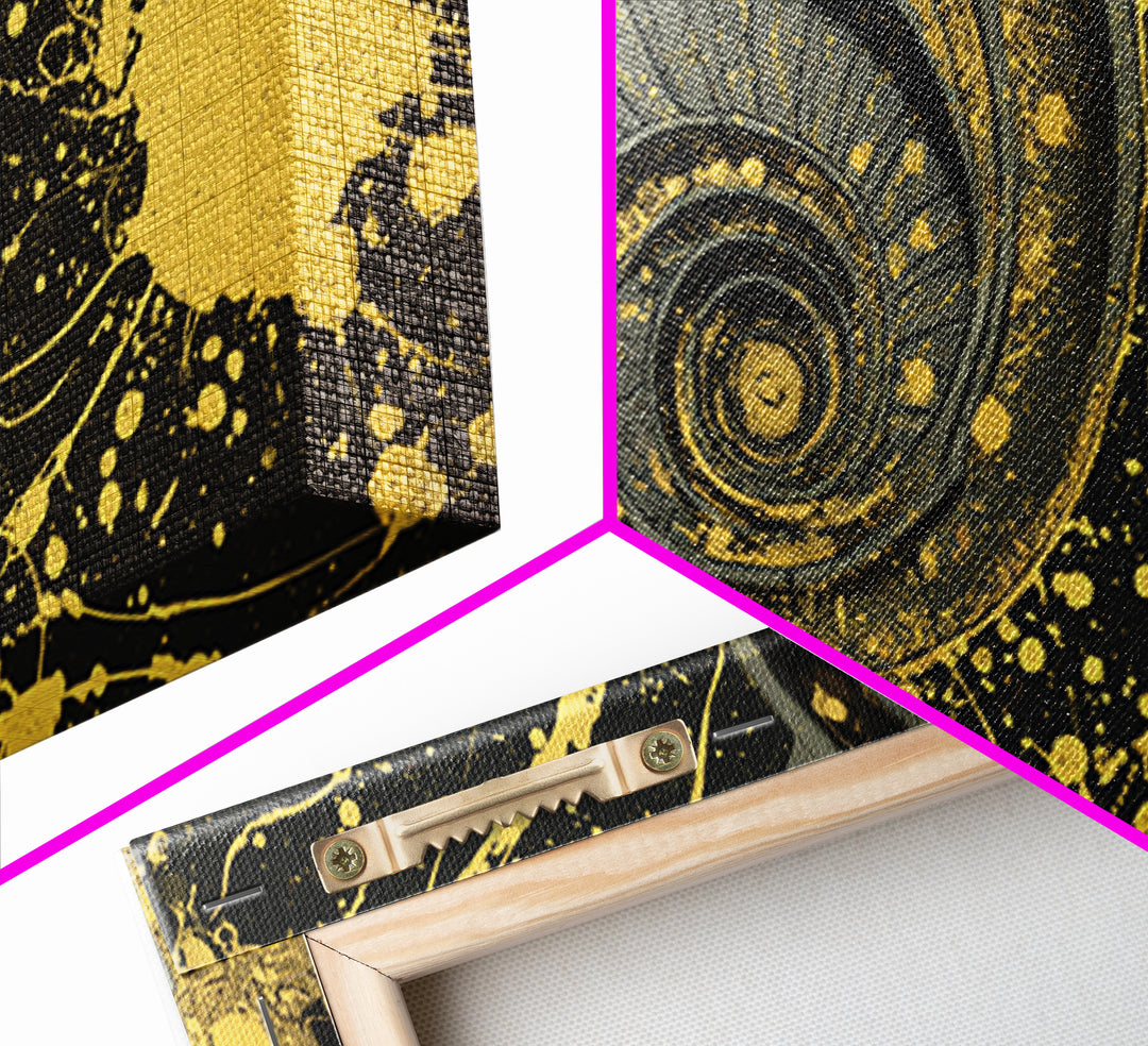 Golden Spiral Staircase, Gold Canvas Art, Real Wood Frame, Splatter Style Abstract Design, Modern Wall Decor