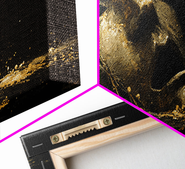 Golden Theatrical Mask, Gold Canvas Print, Real Wood Frame, Dramatic Abstract Artwork, Expressive Wall Art