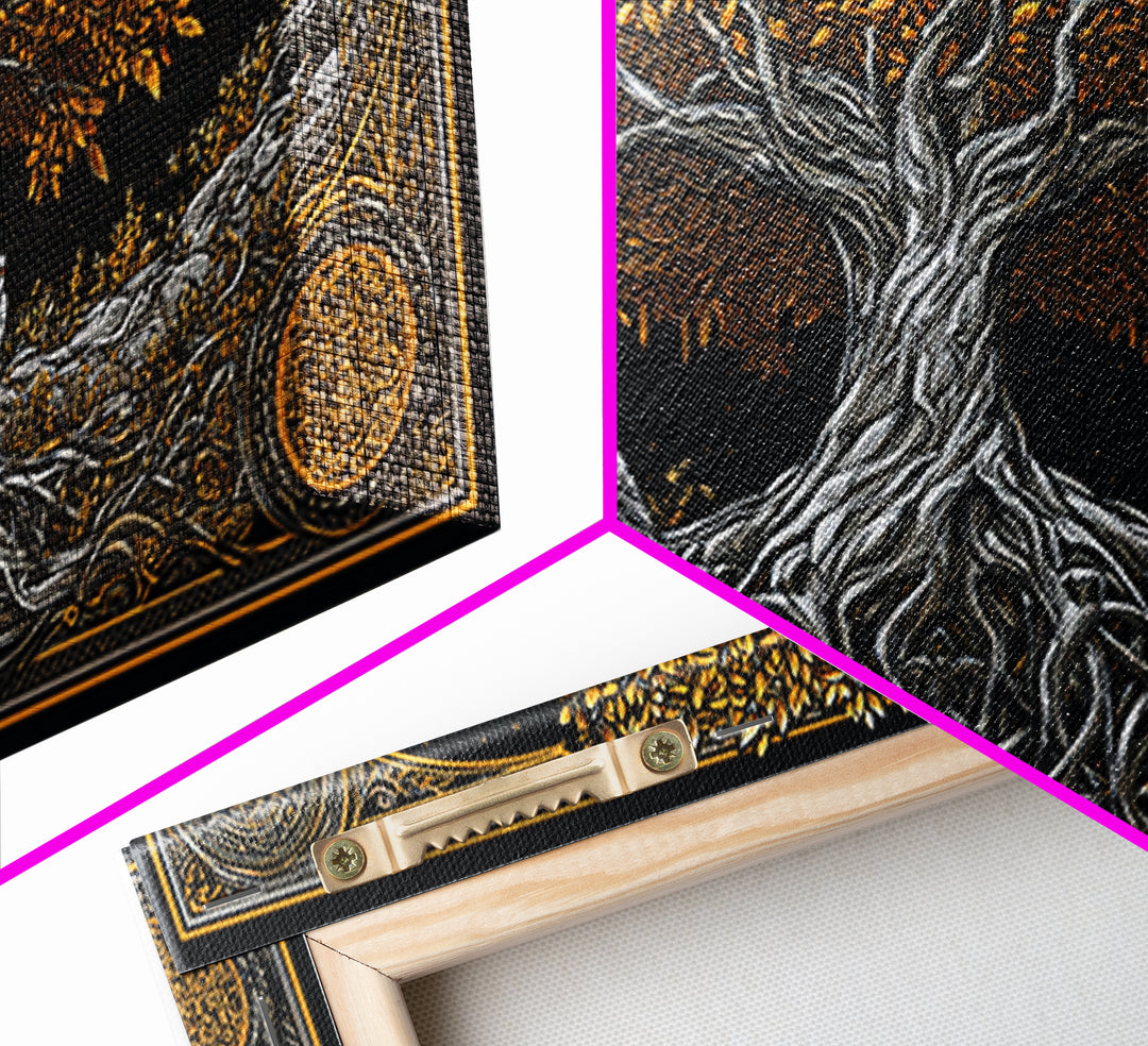 Gold Ancient Tree Design with Owls, Ornate Border, Wood Framed Map Wall Art for Classic and Nature-Inspired Spaces