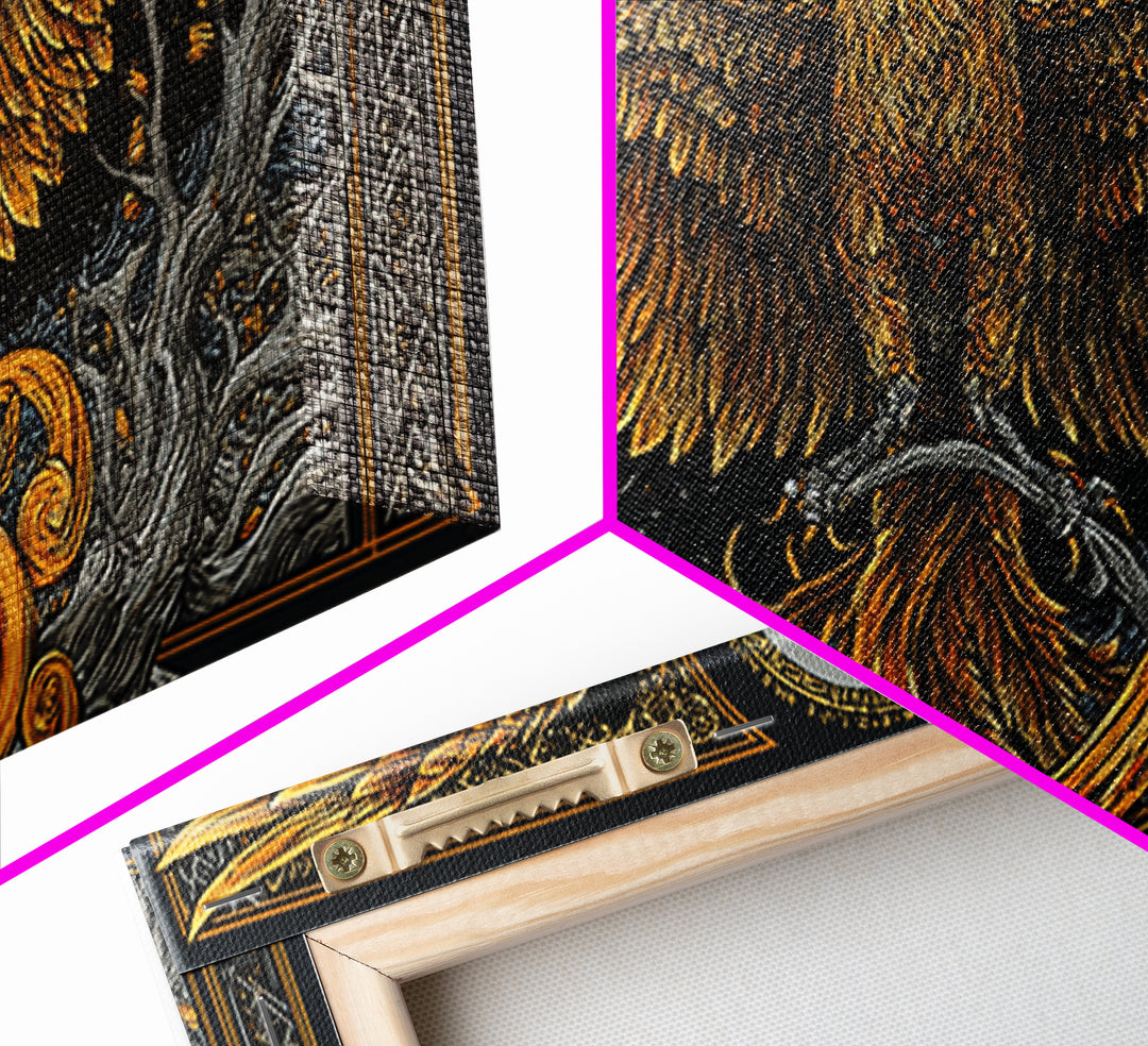 Gold Phoenix Rising Illustration, Majestic Wings, Wood Framed Map Wall Décor for Myth and Fantasy Art Lovers