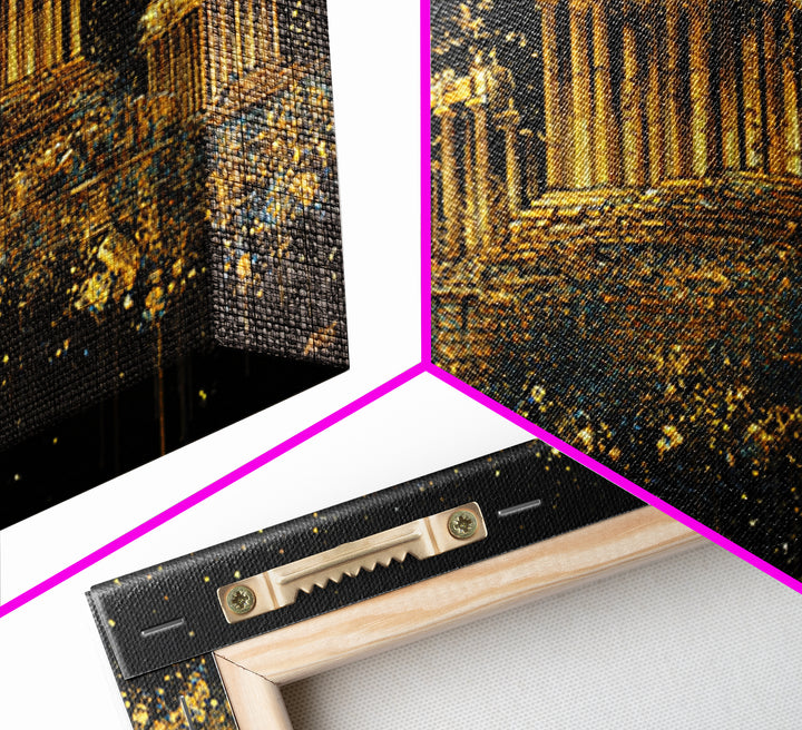 Gold Parthenon Greece Architecture Print, Splatter Art Style, Wood Framed Map Wall Art for Travel and History Fans