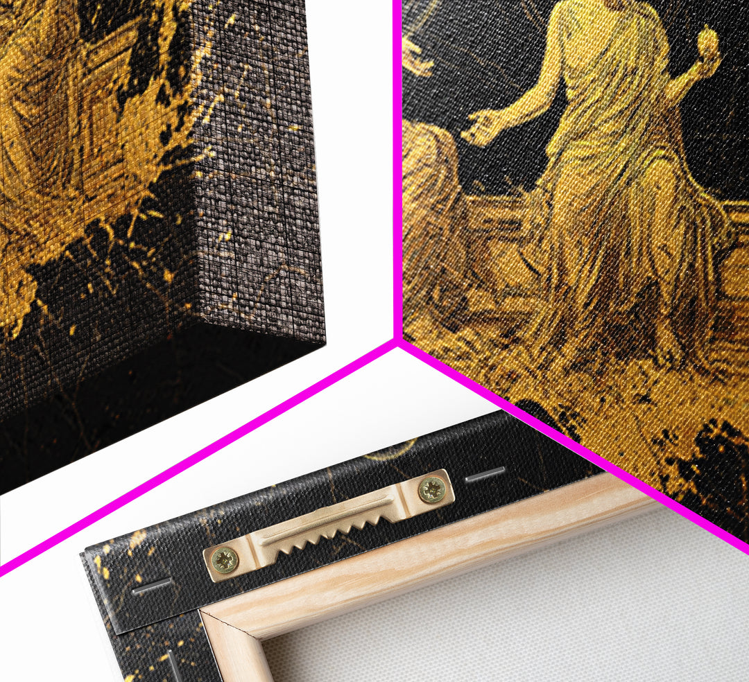 Gold Greek Goddesses Seated in Elegant Marble Scene, Wood Framed Map Wall Décor for Classical Art and Mythology Lovers