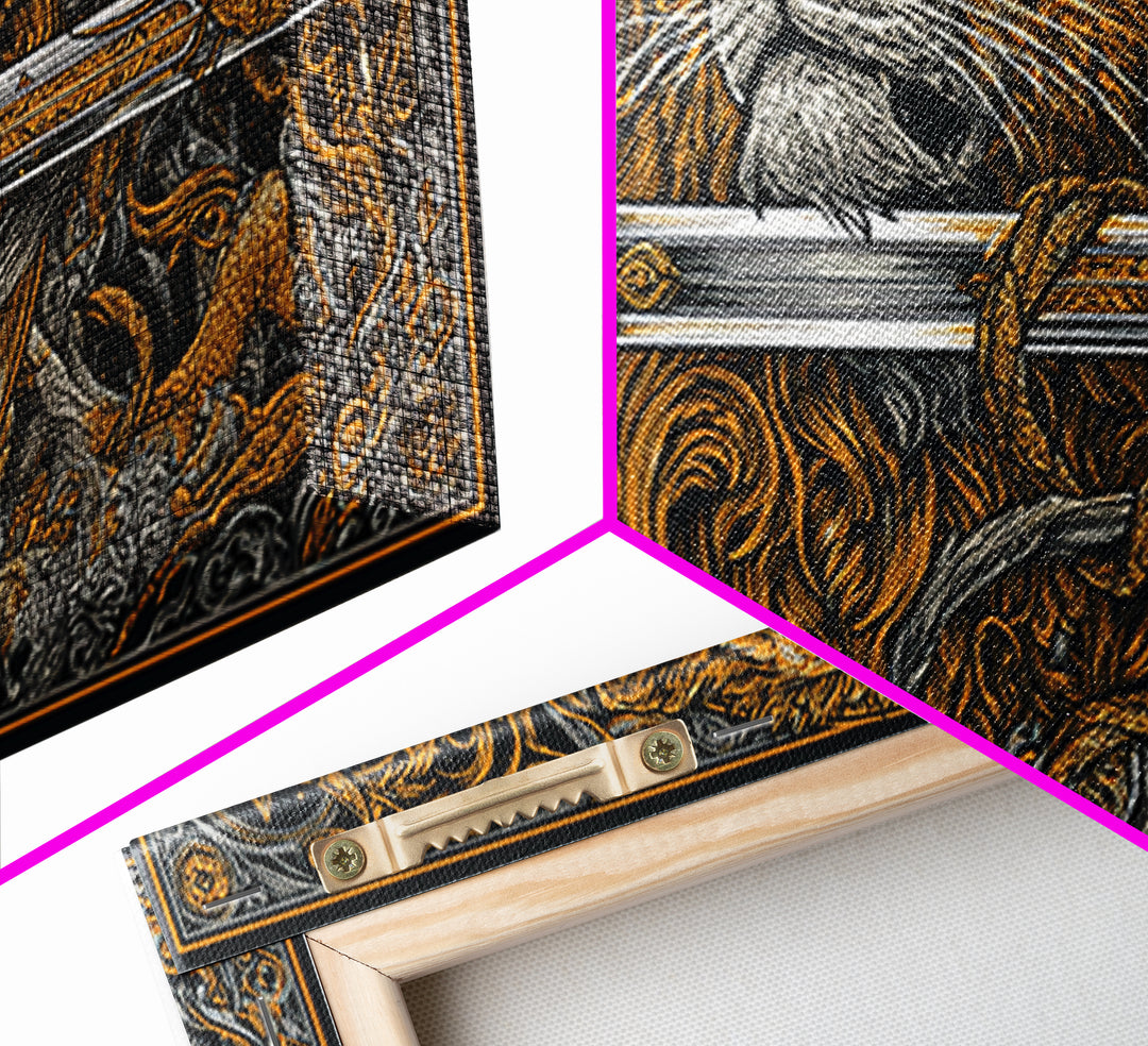 Gold Lion with Ornate Sword, Surrounded by Floral Designs, Wood Framed Map Wall Art for Strength and Courage Symbolism