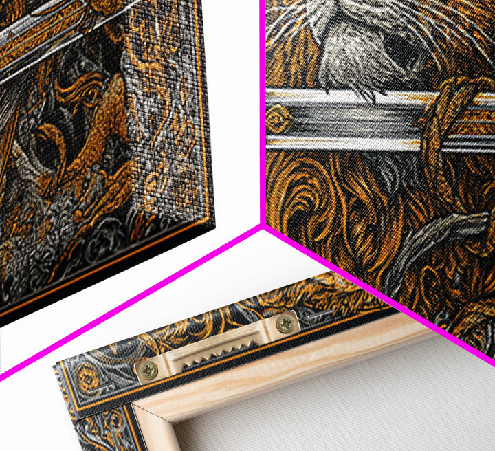 Gold Lion with Ornate Sword, Surrounded by Floral Designs, Wood Framed Map Wall Art for Strength and Courage Symbolism