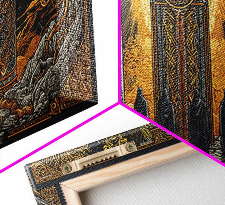 Gold Fantasy Portal Artwork, Glowing Pillars and Trees, Wood Framed Map Wall Décor for Magical and Epic Settings