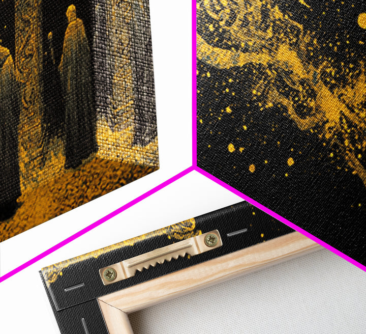 Gold Ancient Gate Scene, Robed Figures and Ornate Carvings, Wood Framed Map Wall Art for Mystery and Fantasy Lovers
