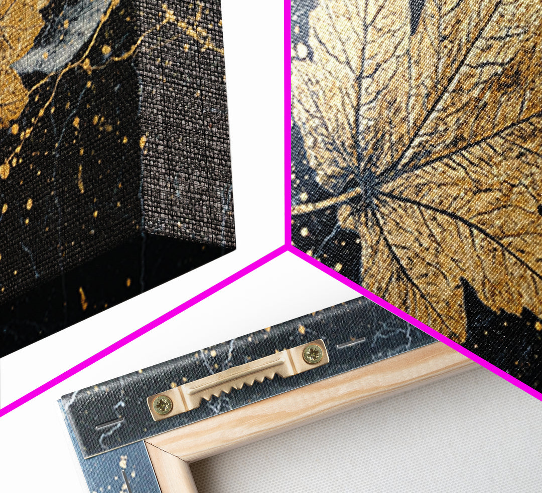 Golden Maple Leaf On Black, Gold Canvas Art, Real Wood Frame, Splatter Style, Nature Wall Decor, Leaf Print