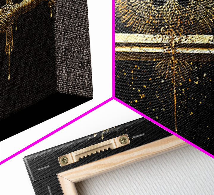 Gold Eagle and Sword Artwork, Splatter Effect Style, Wood Framed Map Wall Art for Power and Freedom Symbolism