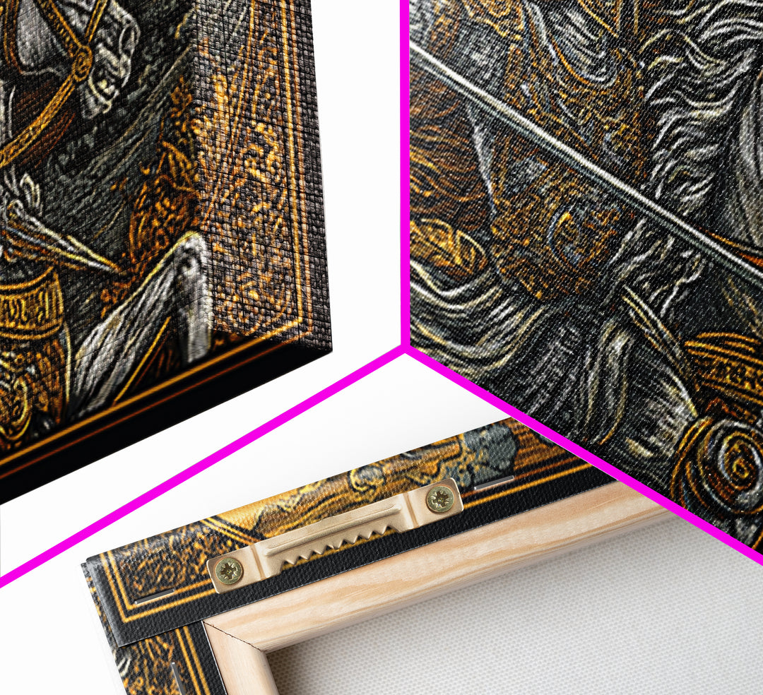 Gold Canvas Print Spartan Warrior on Horseback, Flowing Mane and Spear, Wood Framed Map Wall Art, Ancient Battle, History Lovers