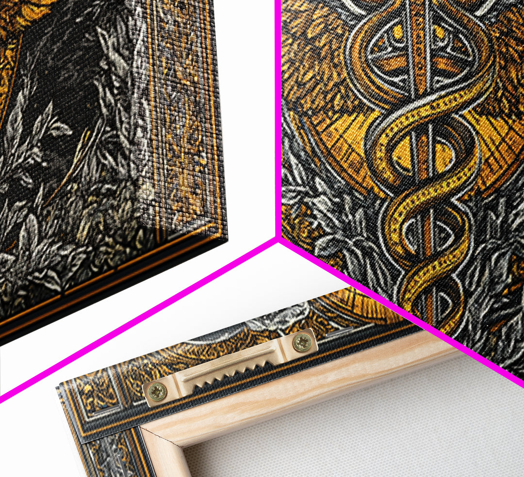 Gold Canvas Art Caduceus Symbol with Wings and Serpents, Ornate Frame, Wood Framed Map Wall Décor for Medical and Healing Symbolism Fans