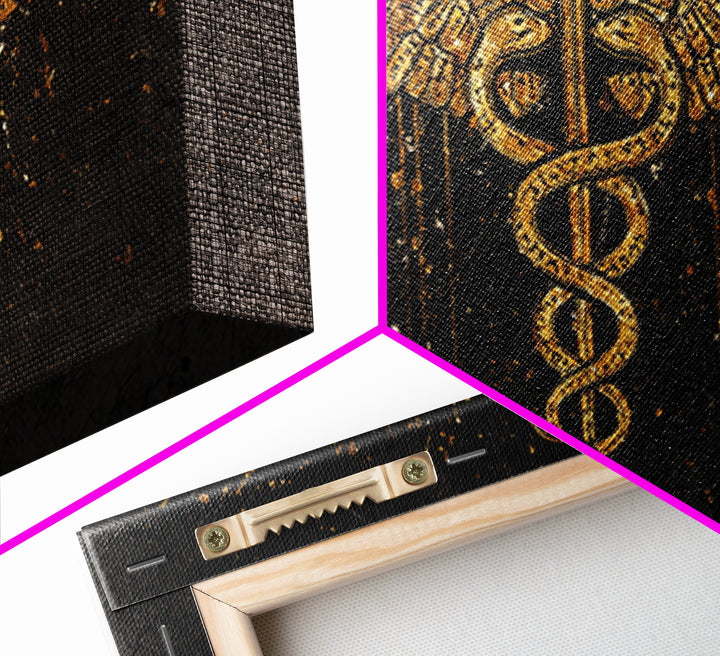 Gold Canvas Print Caduceus Splatter Effect Design, Ancient Script Wings, Wood Framed Map Wall Art for Medicine and Healing Iconography