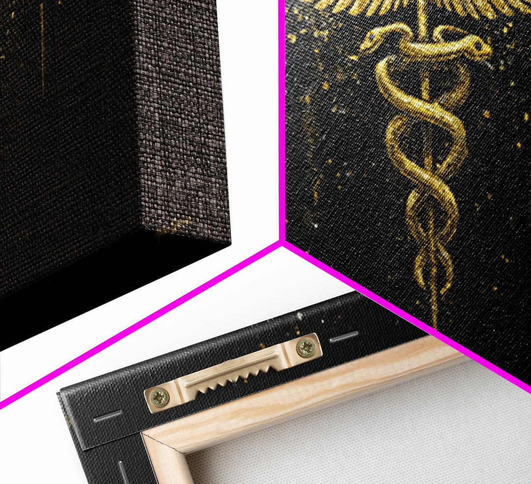Gold Canvas Art Caduceus Medical Symbol, Splatter Background Art Style, Wood Framed Map Wall Décor for Healthcare, Classical Symbol Lovers