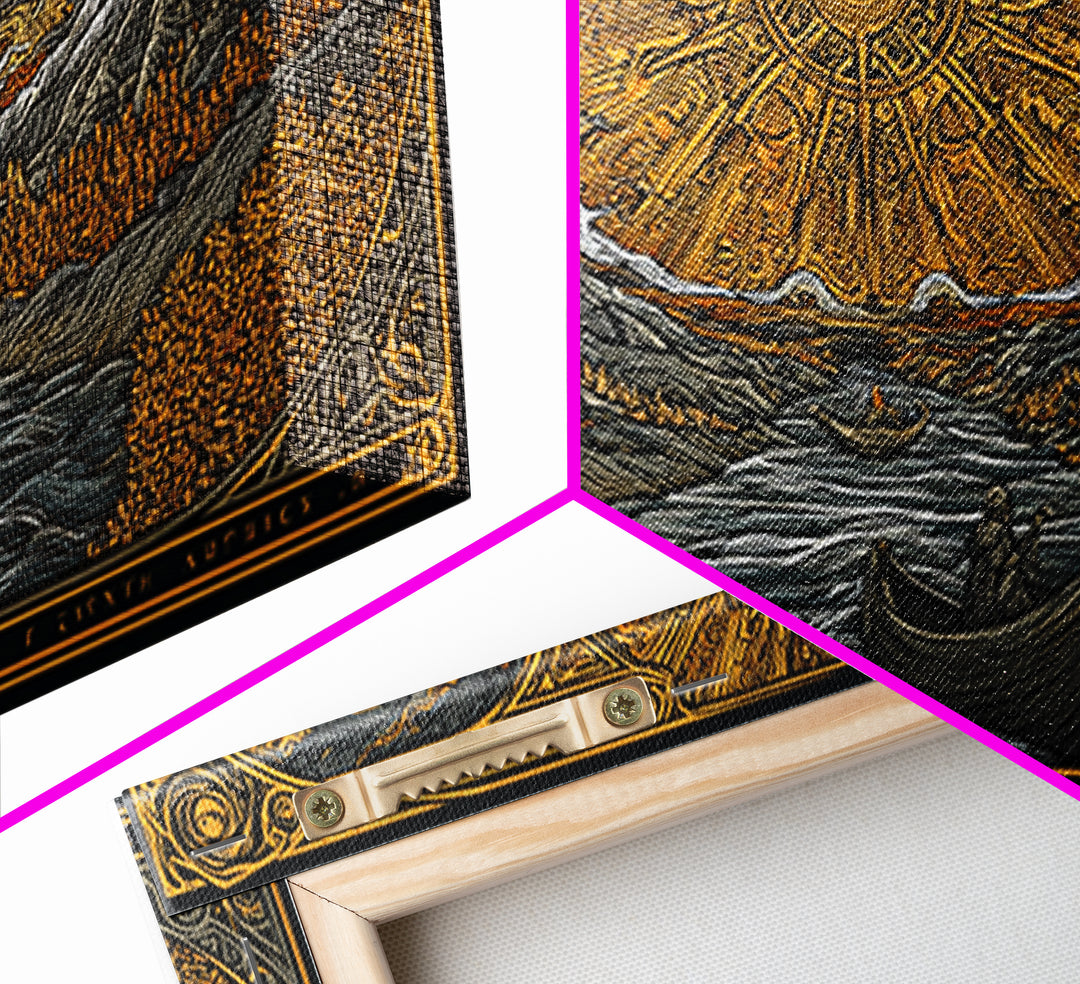 Gold Canvas Print Solar Eclipse Over Mountain Valley, Rowboats and Figures, Wood Framed Map Wall Art for Fantasy and Celestial Lovers