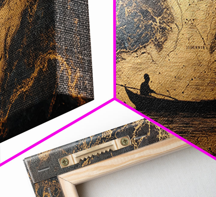 Gold Canvas Art Rowboat Silhouette Over Detailed Map Pattern, Reflective Water, Wood Framed Map Wall Décor, Nautical and Cartographic Fans