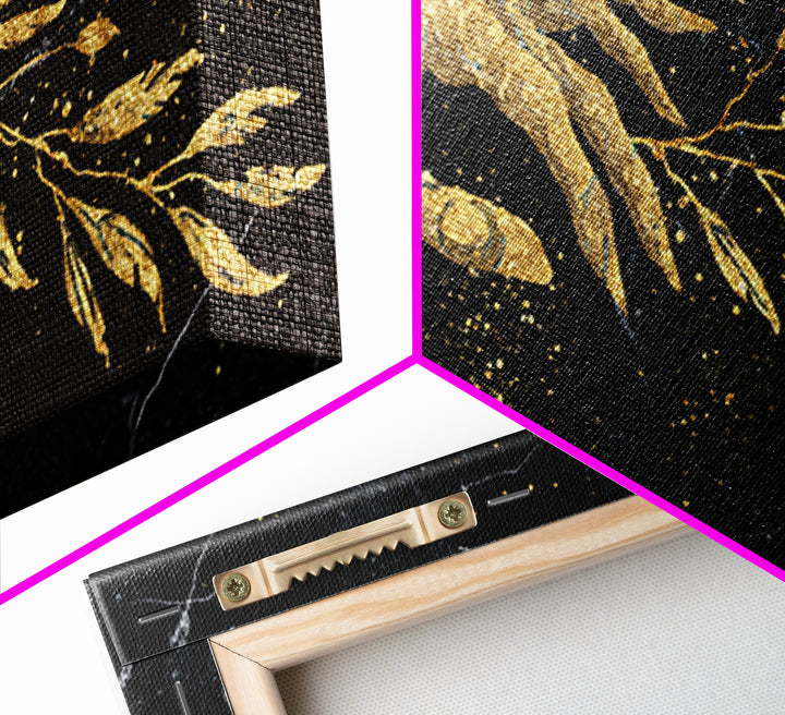 Gold Canvas Print Hand Offering Olive Branch, Splatter Art Marble Texture, Wood Framed Map Wall Art for Peace and Nature Symbolism