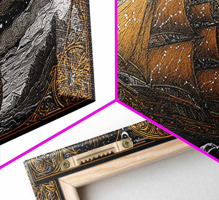 Gold Canvas Art Sailing Ship with Raven Figurehead, Starry Night and Waves, Wood Framed Map Wall Décor, Nautical and Mythic Voyage Lovers