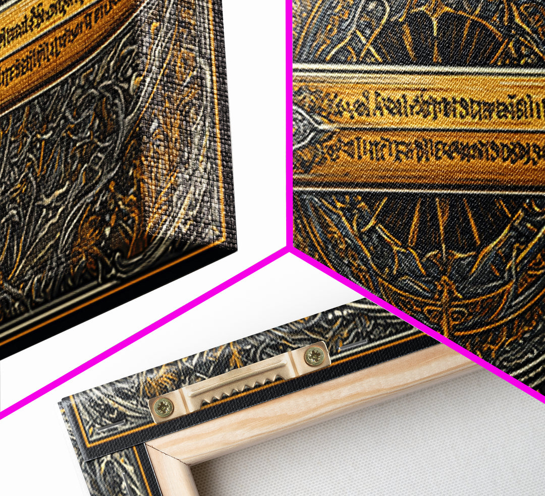 Gold Canvas Print of Ornate Sword and Compass Design, Engraved Blade and Decorative Frame, Wood Framed Map Wall Décor