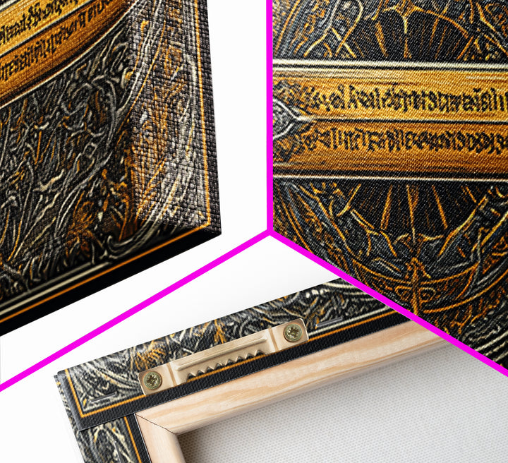 Gold Canvas Print of Ornate Sword and Compass Design, Engraved Blade and Decorative Frame, Wood Framed Map Wall Décor