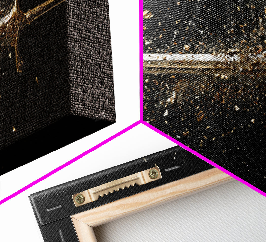 Gold Canvas Art of Shattering Sword in Mid-Air, Detailed Blade Explosion and Dark Background, Wood Framed Map Wall Art Display