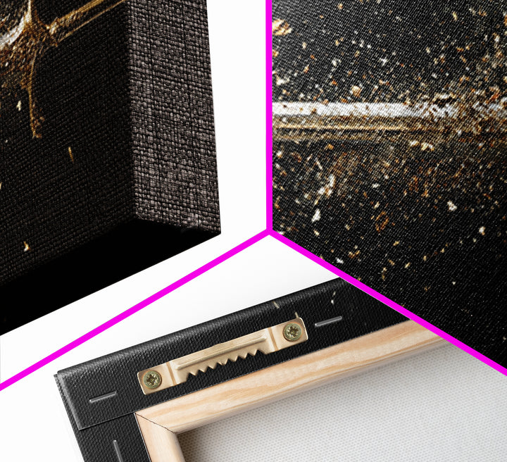 Gold Canvas Art of Shattering Sword in Mid-Air, Detailed Blade Explosion and Dark Background, Wood Framed Map Wall Art Display