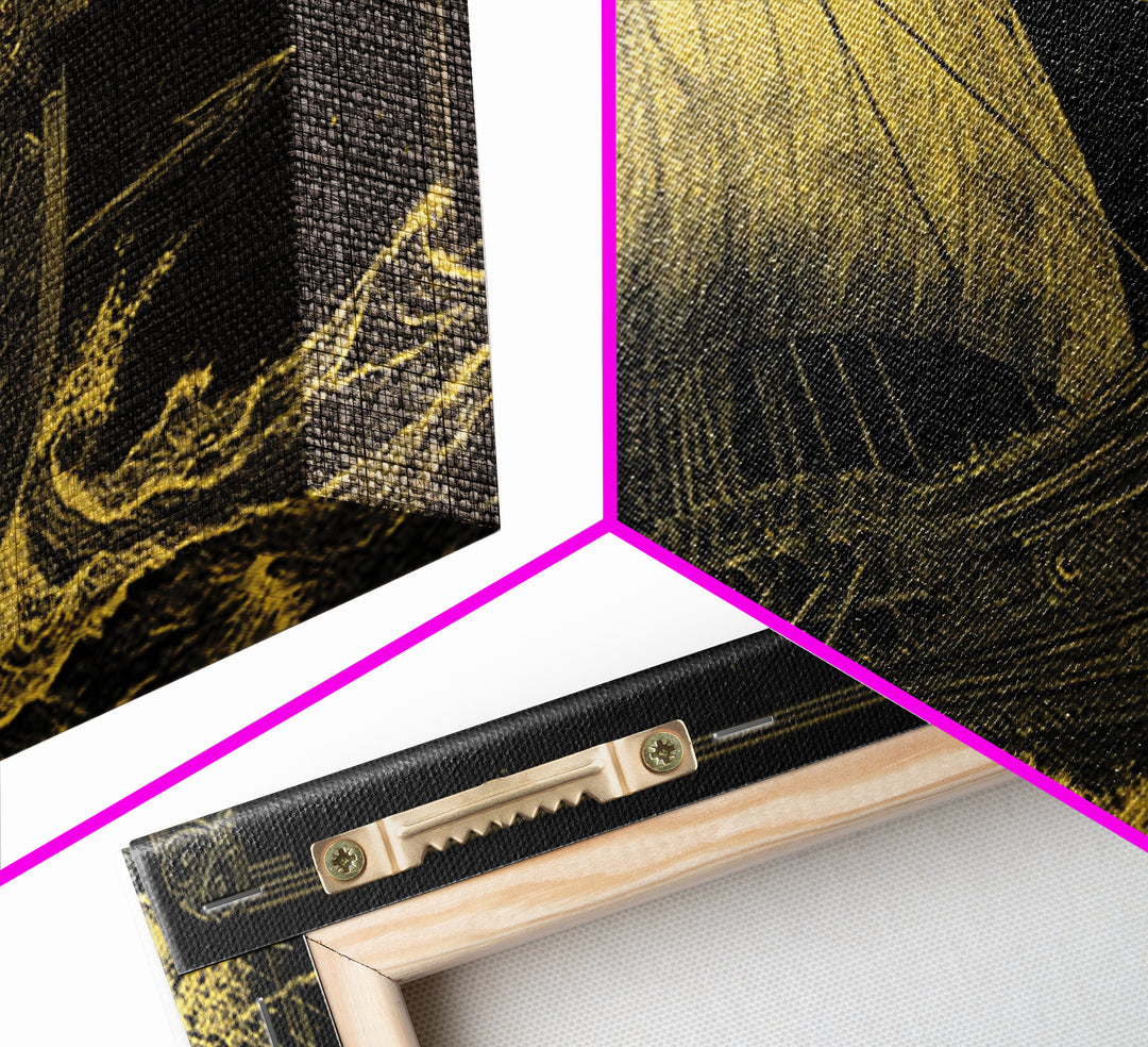 Gold Canvas Print of Ancient Greek Warship at Sea, Detailed Engraving Style and Waves, Wood Framed Map Wall Art for History