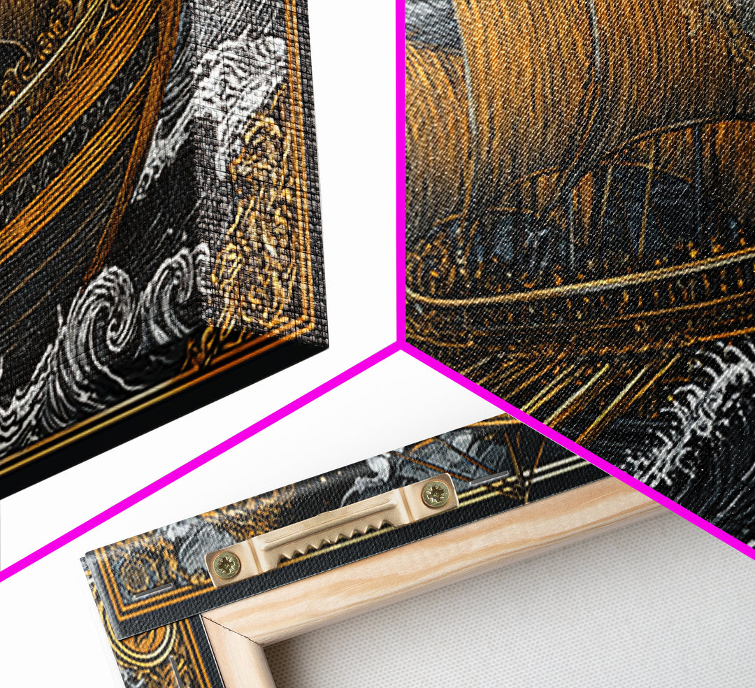 Gold Canvas Art of Sun and Ship Scene, Lion Figurehead and Ocean Waves, Detailed Decorative Style, Wood Framed Map Wall Décor