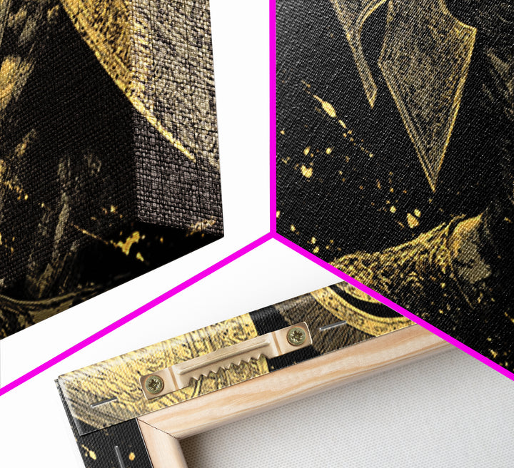 Gold Canvas Print of Spartan Warrior in Battle Pose, Detailed Shield and Sword, Splatter Background, Wood Framed Map Wall Art