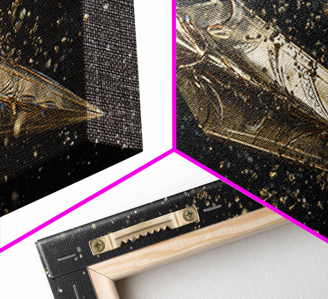 Ornate Golden Spearhead, Gold Canvas Art, Real Wood Frame, Close-Up Weapon Detail, Mythology Inspired Wall Decor