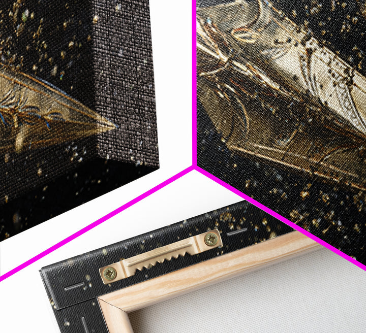 Ornate Golden Spearhead, Gold Canvas Art, Real Wood Frame, Close-Up Weapon Detail, Mythology Inspired Wall Decor